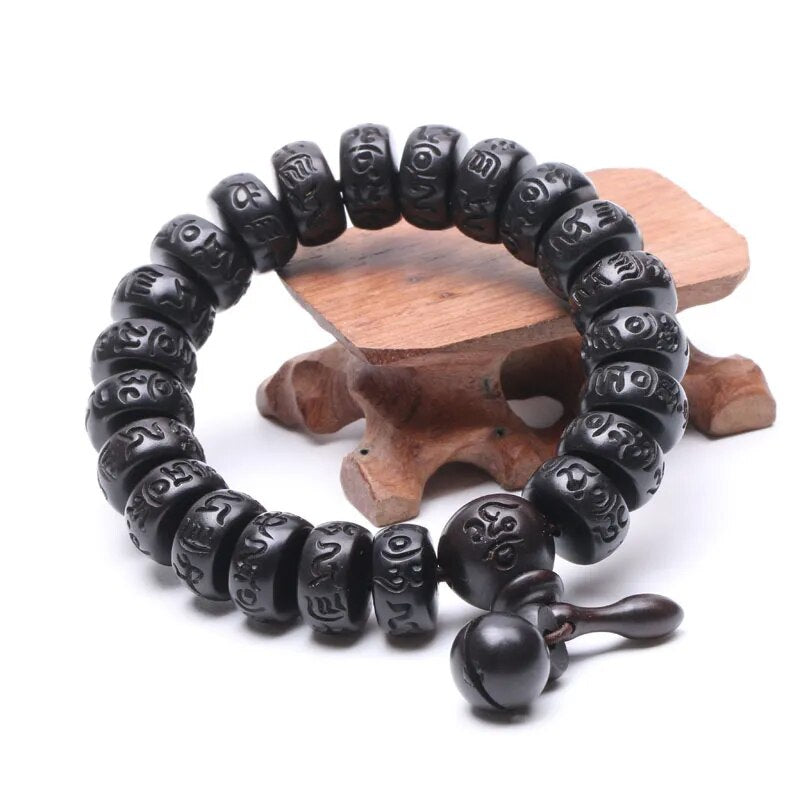 Engraved Wooden Bead Mala Bracelet