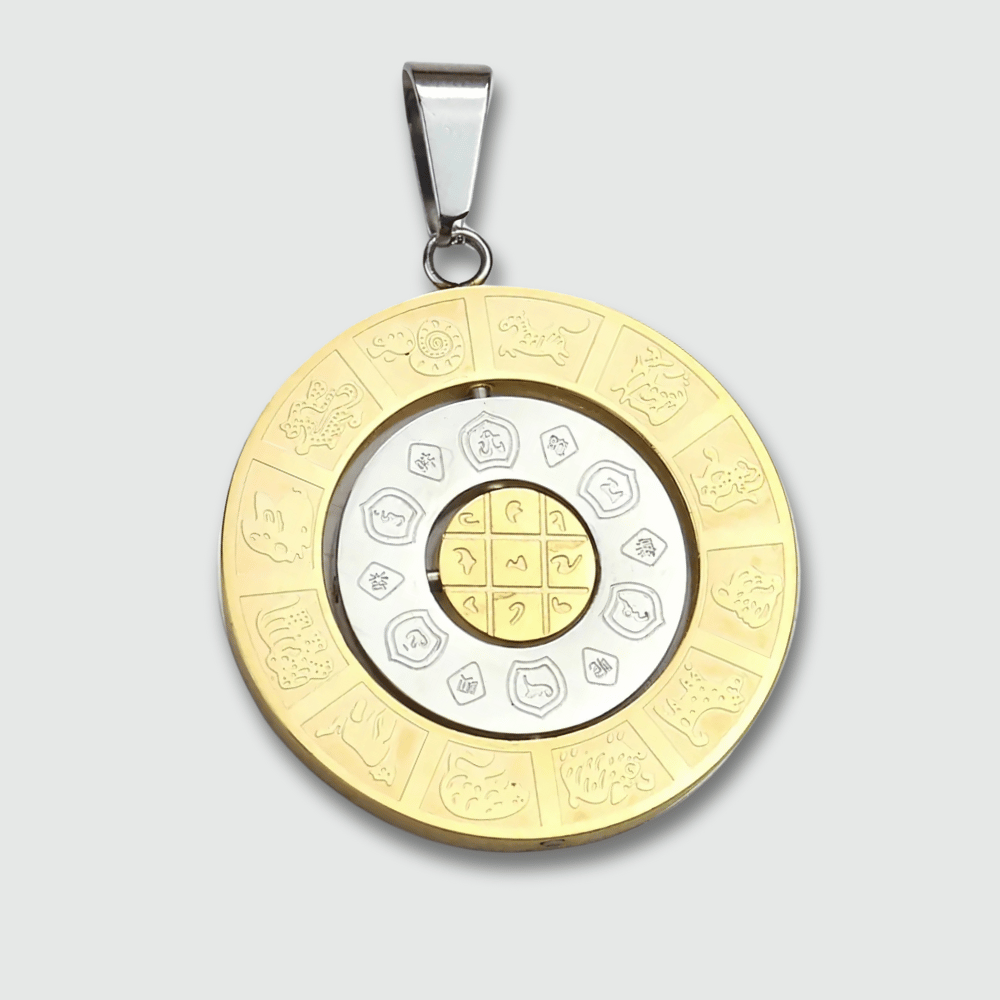 Buddhist Om Amulet Pendant - Round Gold Metal Tibetan Symbol Necklace | Buddhive