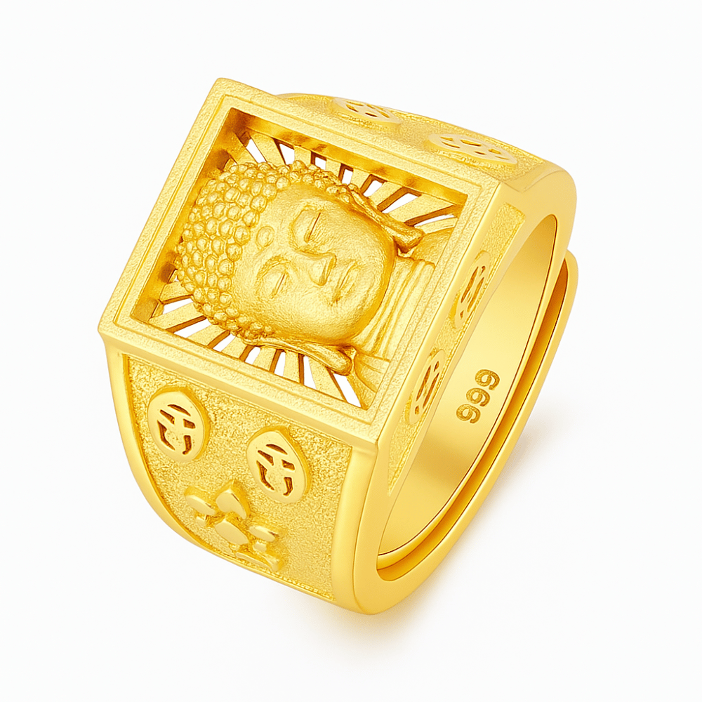 Tibetan Buddhist Ring Men - 24K Gold Plated Copper 17mm Wide Band | Buddhive