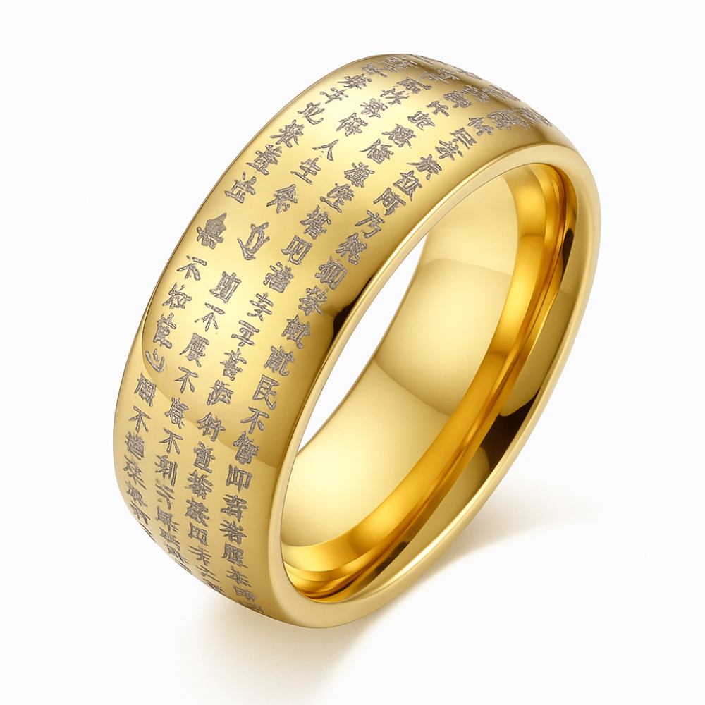 Gold Buddhist Ring Tungsten - 8mm Spiritual Wedding Band for Men & Women | Buddhive