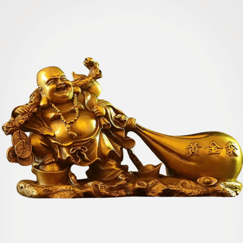 Laughing Buddha Statue with Gold Sack - Resin Hotei Figurine 10" | Buddhive
