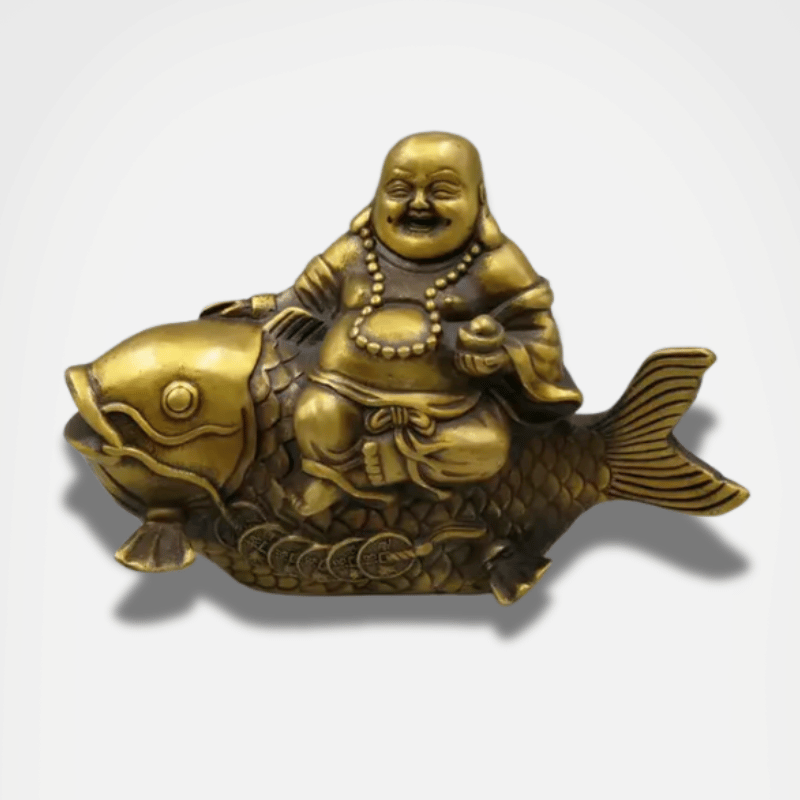 Laughing Buddha Statue with Koi Fish - Bronze Resin 8" Feng Shui Decor | Buddhive