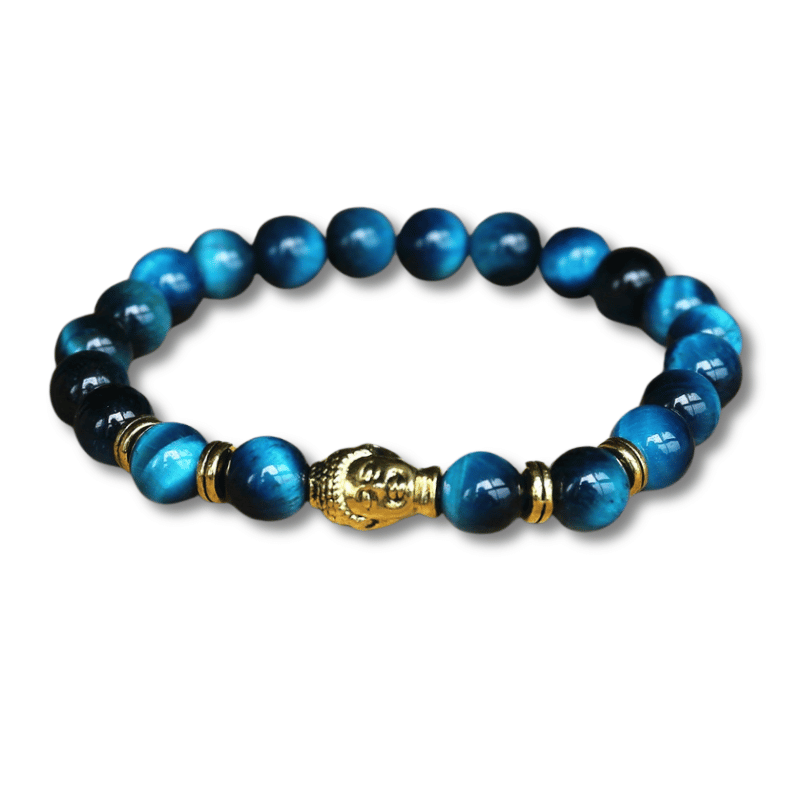 Blue Tiger Eye Buddha Bracelet - 8mm Natural Stone Beads - Silver & Gold Options | Buddhive