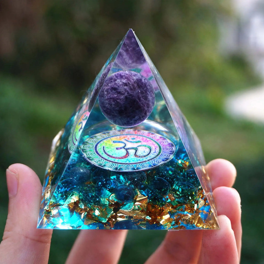 Orgonite Pyramid with Amethyst & Om Symbol - 5cm Energy Generator | Buddhive