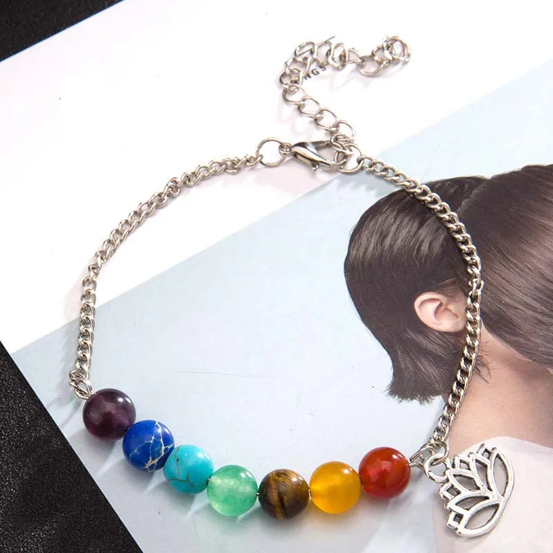 7 Chakra Bracelet Silver Lotus Charm | Healing Energy Balance Jewelry | Buddhive