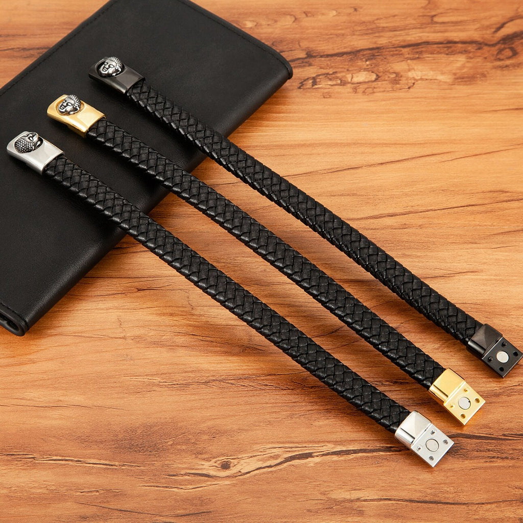 Buddha Head Leather Bracelet Thai Style - Stainless Steel & Natural Leather | Buddhive