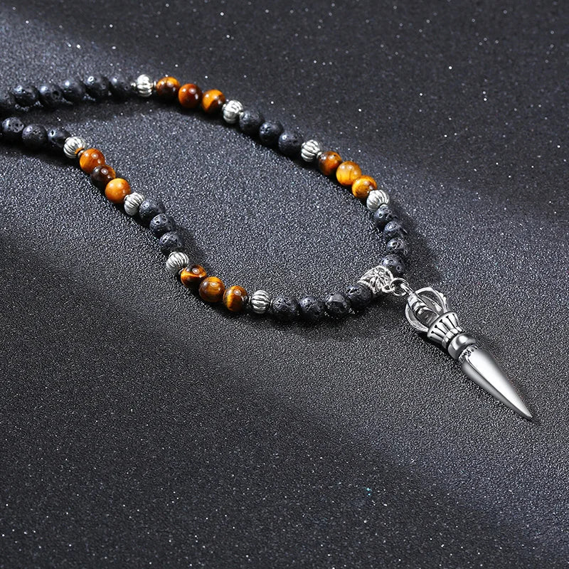 Buddhist Necklace Tiger Eye & Lava Stone - Natural Gemstone Mala Pendant | Buddhive