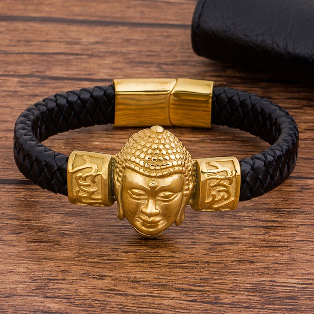 Gold Buddha Bracelet Stainless Steel & Leather - Men's Buddhist Jewelry | Buddhive