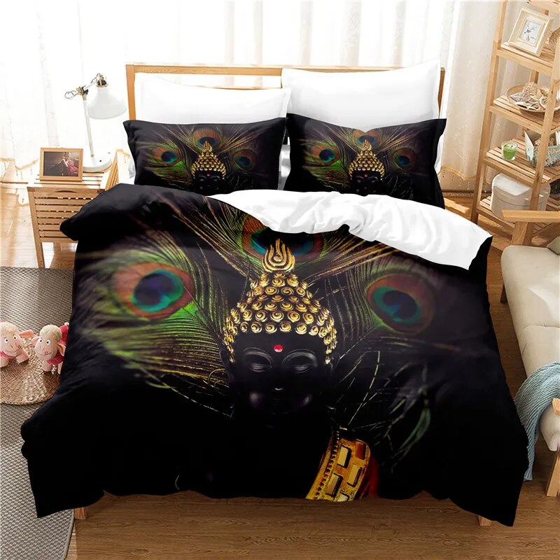 Buddha Duvet Cover Peacock Feather - Microfiber 3D Print Zen Bedding Set | Buddhive