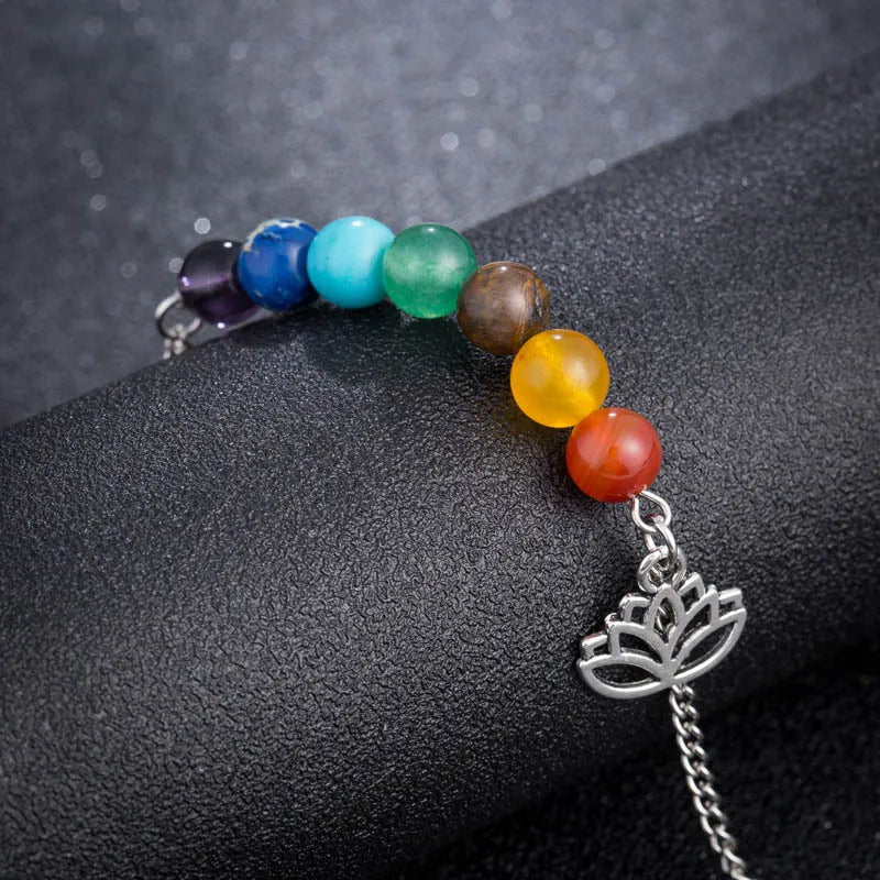 7 Chakra Bracelet Silver Lotus Charm | Healing Energy Balance Jewelry | Buddhive