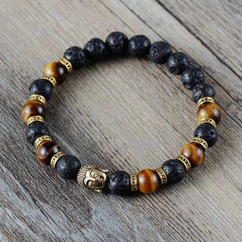 Buddha Bracelet Tiger Eye & Lava Stone - Natural Gemstone Mala Beads for Men | Buddhive