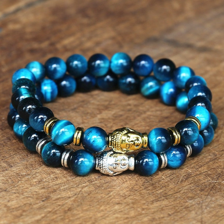 Blue Tiger Eye Buddha Bracelet - 8mm Natural Stone Beads - Silver & Gold Options | Buddhive