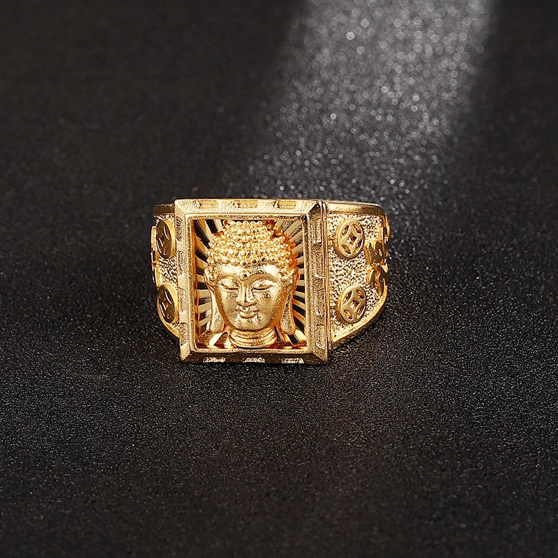 Tibetan Buddhist Ring Men - 24K Gold Plated Copper 17mm Wide Band | Buddhive
