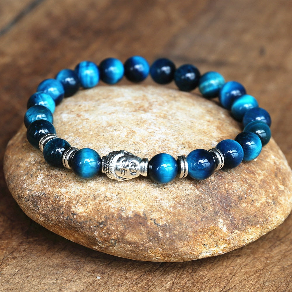 Blue Tiger Eye Buddha Bracelet - 8mm Natural Stone Beads - Silver & Gold Options | Buddhive