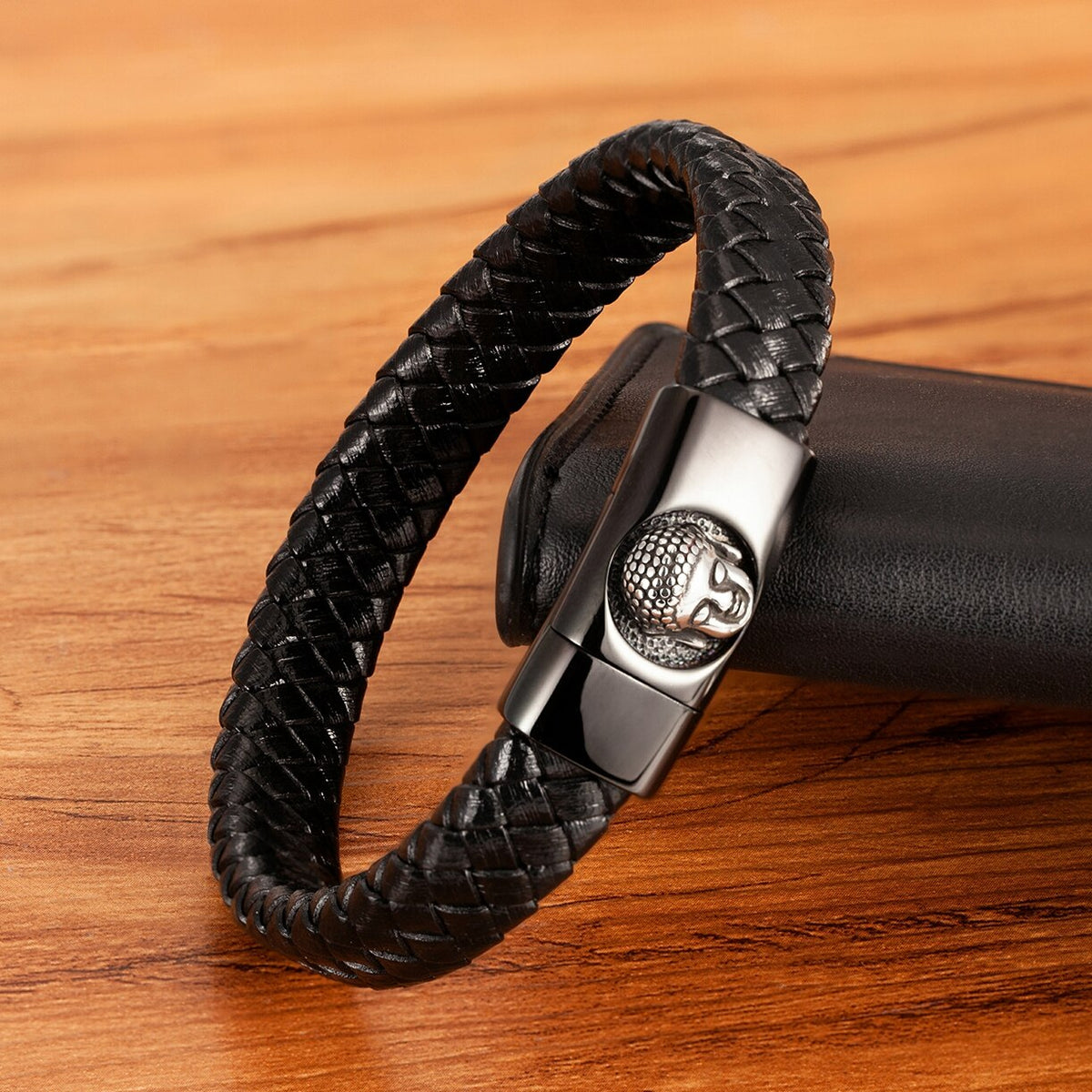 Buddha Head Leather Bracelet Thai Style - Stainless Steel & Natural Leather | Buddhive