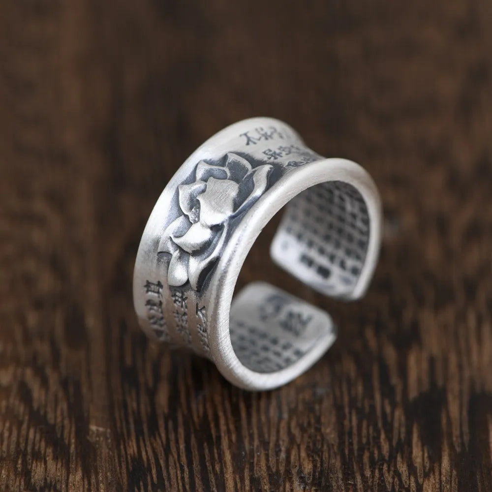 Lotus Sutra Ring 990 Sterling Silver Buddhist Jewelry - Vintage Unisex Design | Buddhive