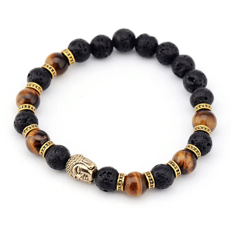 Buddha Bracelet Tiger Eye & Lava Stone - Natural Gemstone Mala Beads for Men | Buddhive
