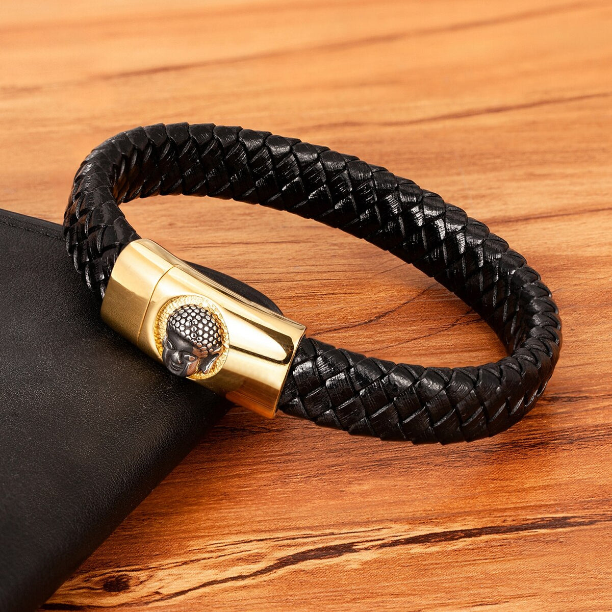 Buddha Head Leather Bracelet Thai Style - Stainless Steel & Natural Leather | Buddhive