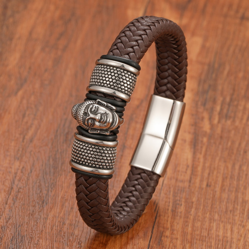 Buddha Leather Bracelet - Genuine Leather with Stainless Steel Clasp - 3 Colors & Sizes | Buddhive