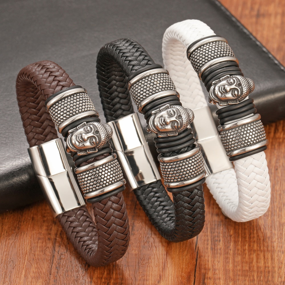 Buddha Leather Bracelet - Genuine Leather with Stainless Steel Clasp - 3 Colors & Sizes | Buddhive