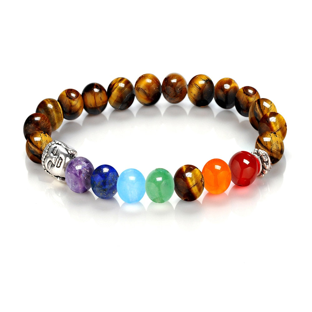Buddha Bracelet Multicolor Natural Stones - Tiger Eye & Chakra Gemstones - 7.5 inch | Buddhive