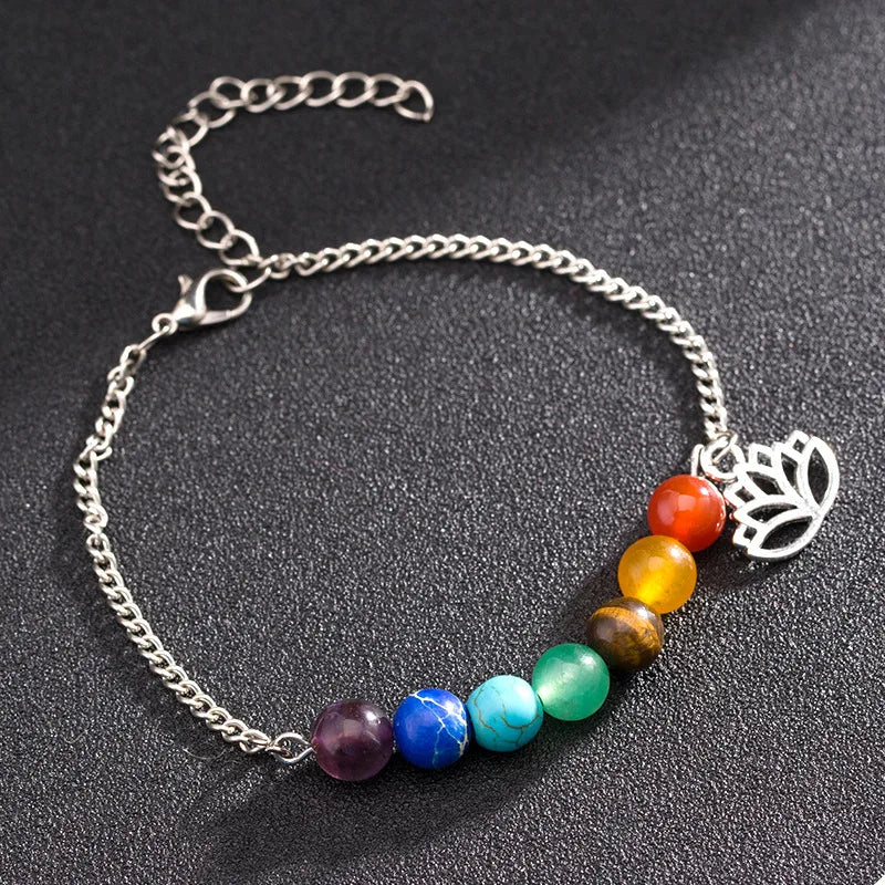 7 Chakra Bracelet Silver Lotus Charm | Healing Energy Balance Jewelry | Buddhive