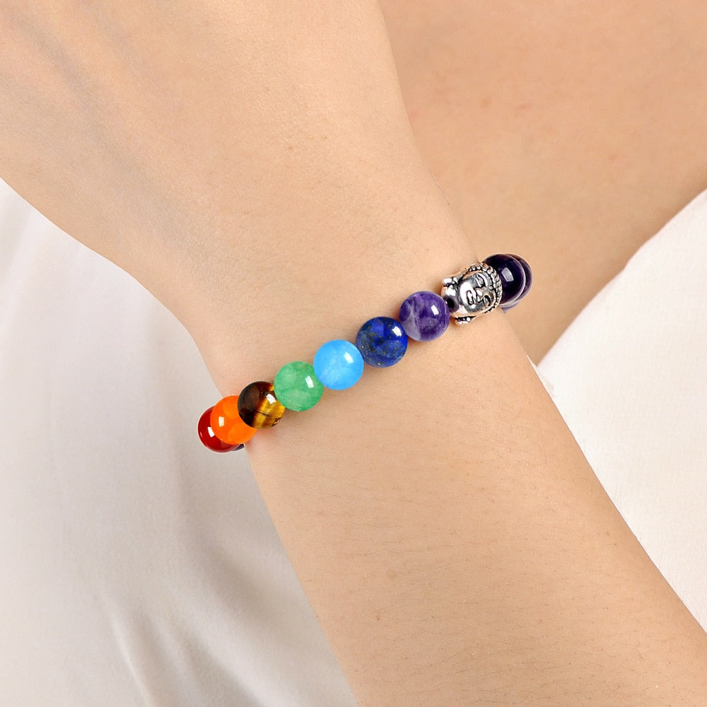 Buddha Bracelet Multicolor Natural Stones - Tiger Eye & Chakra Gemstones - 7.5 inch | Buddhive