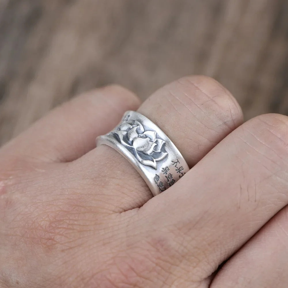 Lotus Sutra Ring 990 Sterling Silver Buddhist Jewelry - Vintage Unisex Design | Buddhive