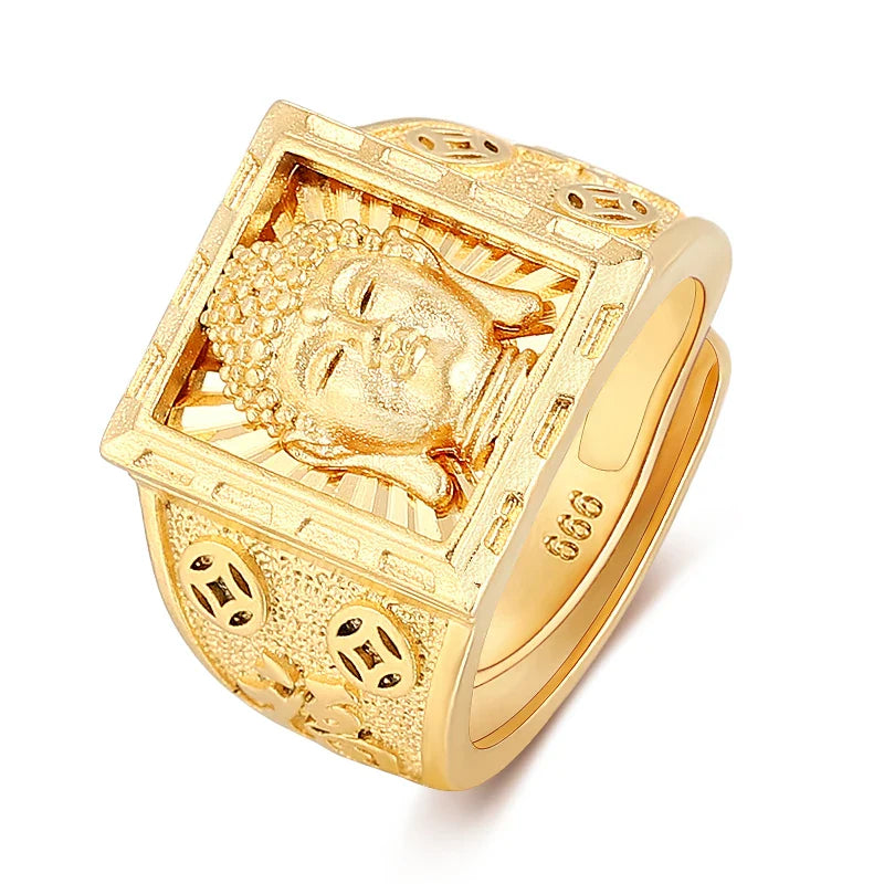 Tibetan Buddhist Ring Men - 24K Gold Plated Copper 17mm Wide Band | Buddhive
