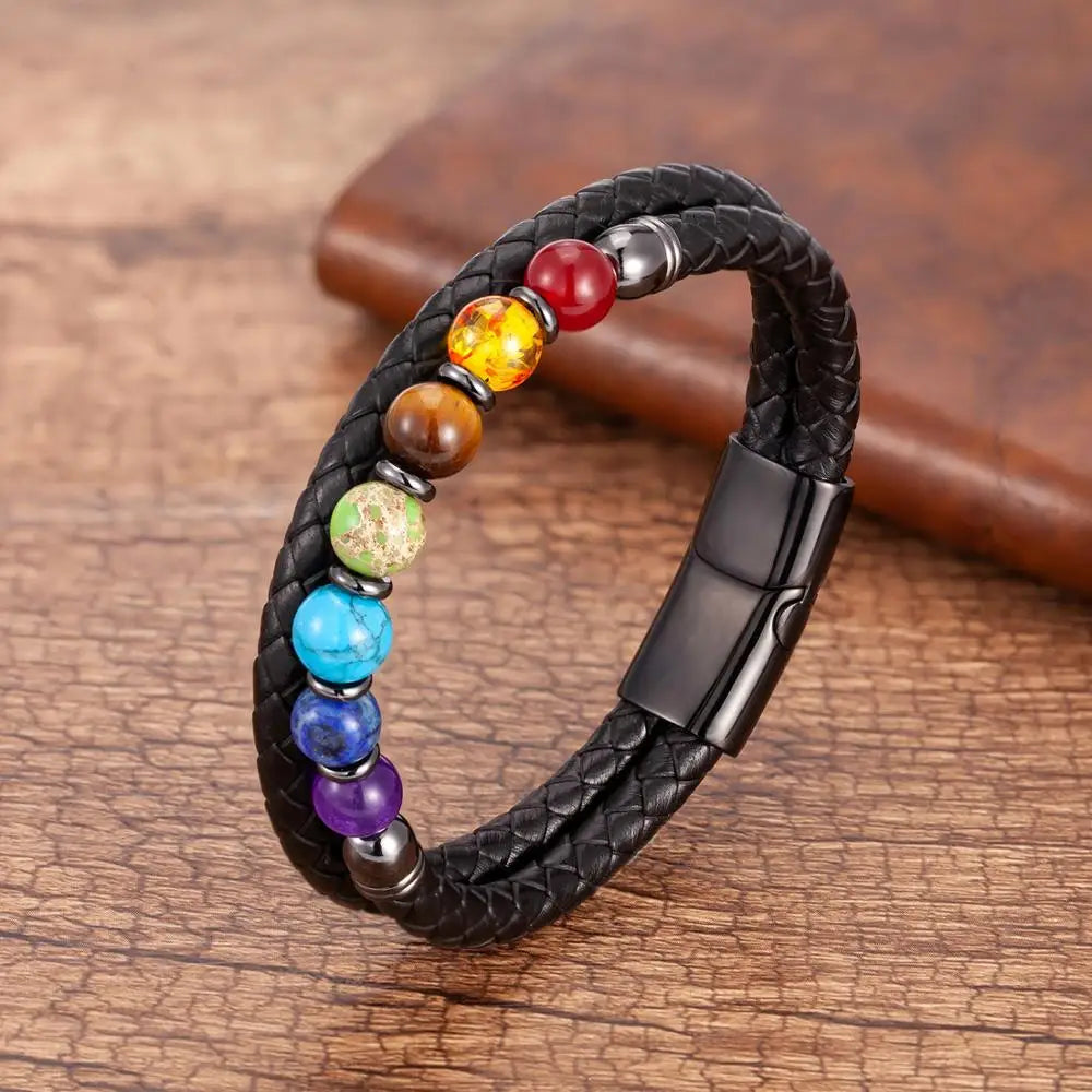 7 Chakra Bracelet Leather Buddhist Wristband with Stainless Steel | Buddhive