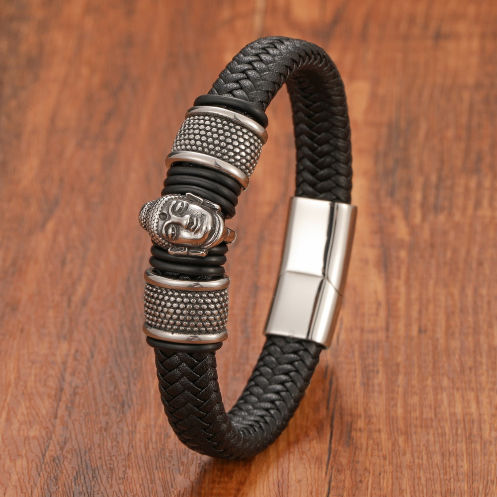 Buddha Leather Bracelet - Genuine Leather with Stainless Steel Clasp - 3 Colors & Sizes | Buddhive