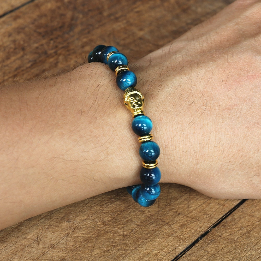 Blue Tiger Eye Buddha Bracelet - 8mm Natural Stone Beads - Silver & Gold Options | Buddhive