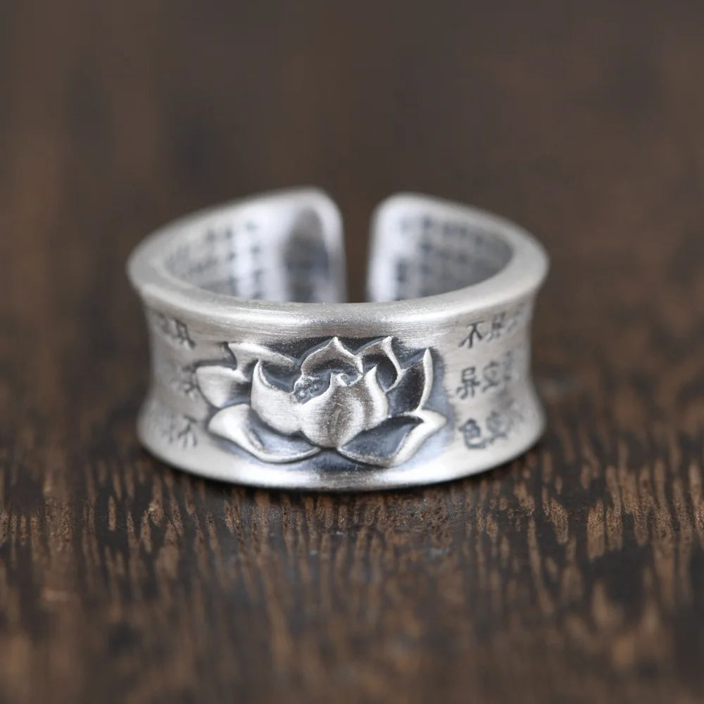 Lotus Sutra Ring 990 Sterling Silver Buddhist Jewelry - Vintage Unisex Design | Buddhive