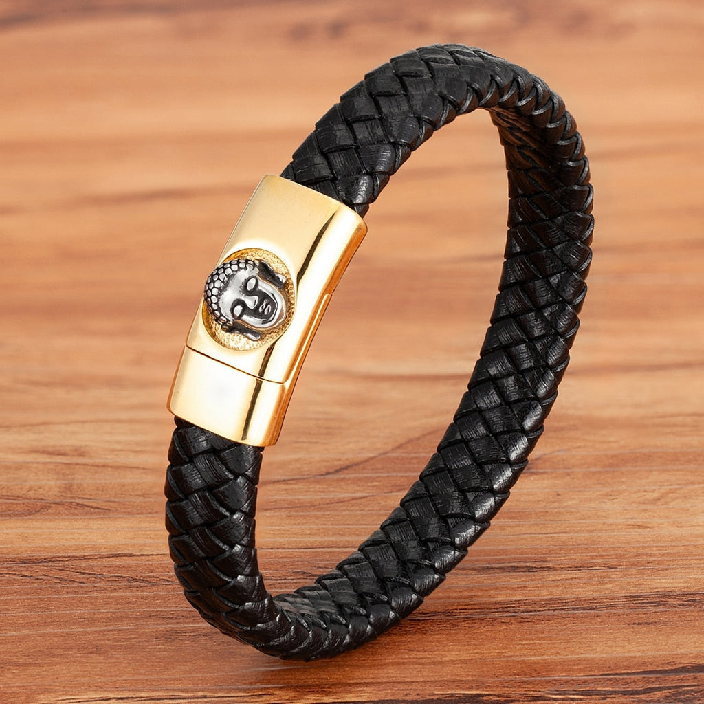 Buddha Head Leather Bracelet Thai Style - Stainless Steel & Natural Leather | Buddhive