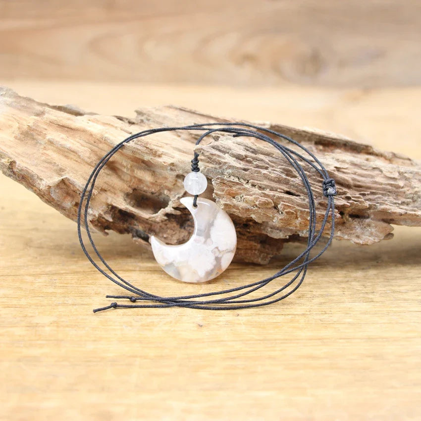 Crescent Moon Gemstone Necklace Natural Stone Half Moon Pendant | Buddhive