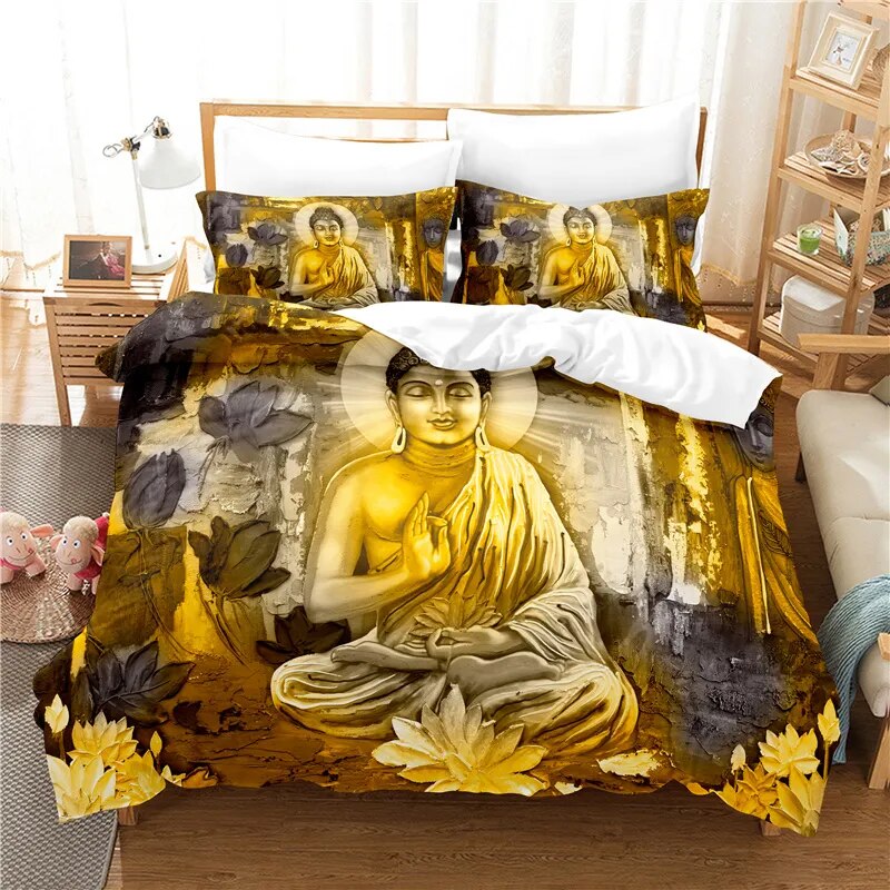 Golden Buddha Duvet Cover Set - 3D Microfiber Bedding - Zen Bedroom Decor | Buddhive