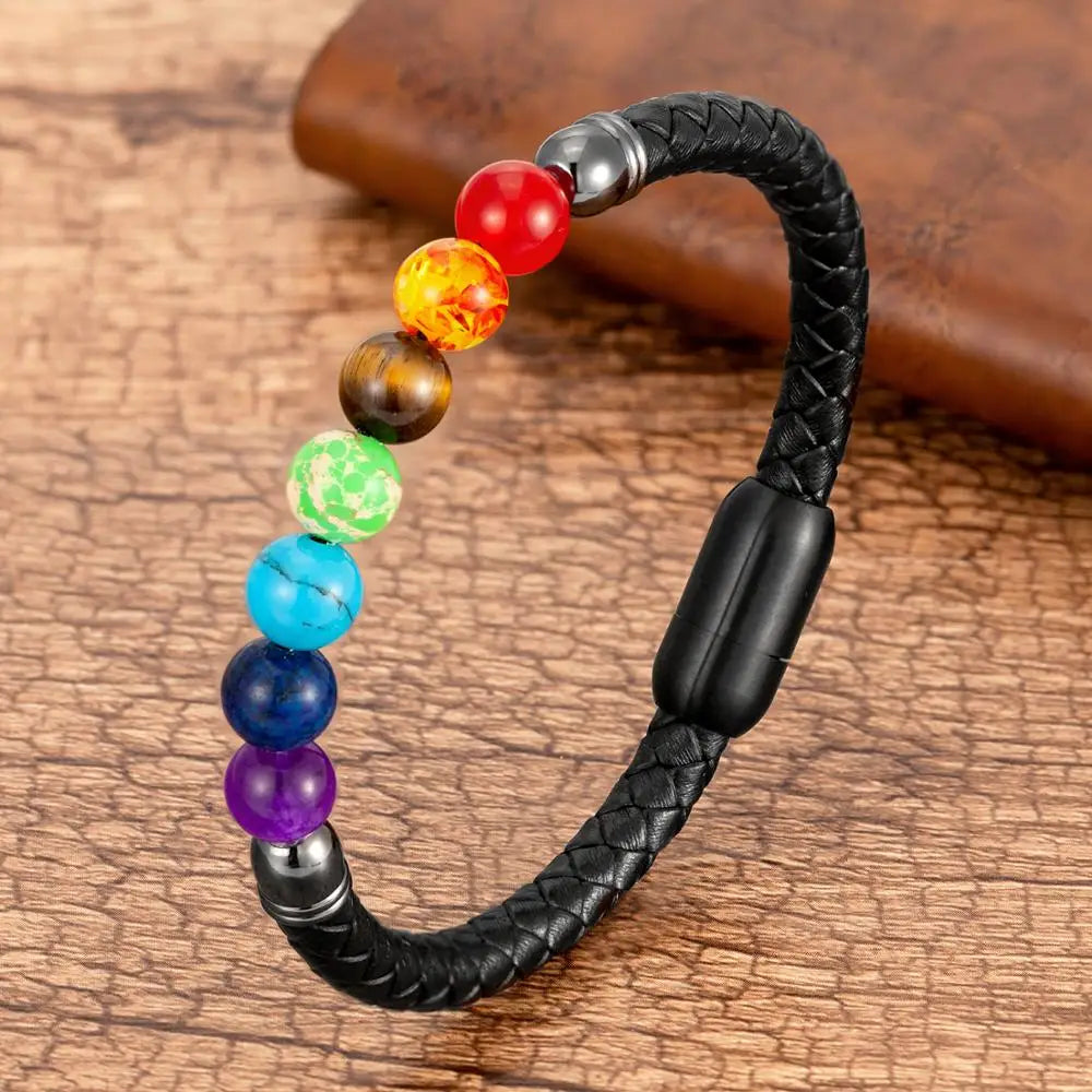 7 Chakra Bracelet Leather Buddhist Wristband with Stainless Steel | Buddhive