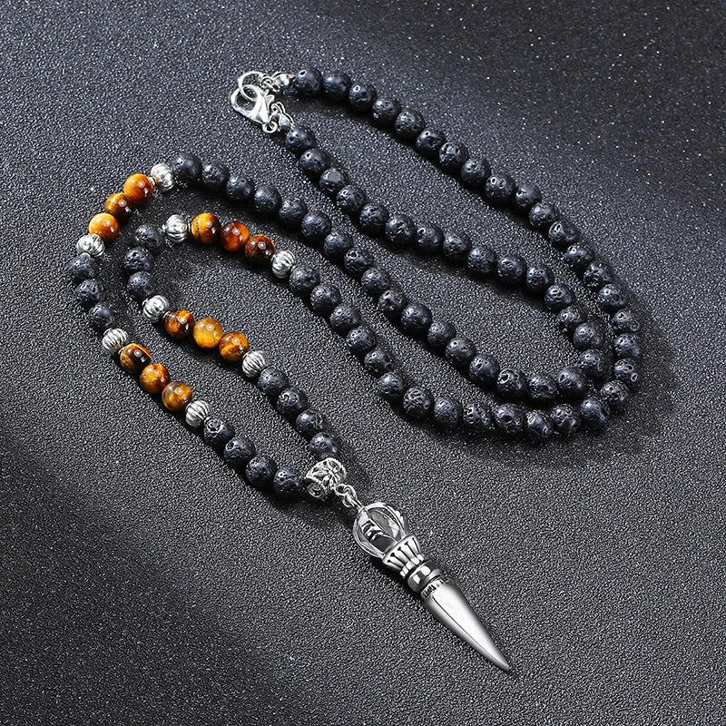 Buddhist Necklace Tiger Eye & Lava Stone - Natural Gemstone Mala Pendant | Buddhive