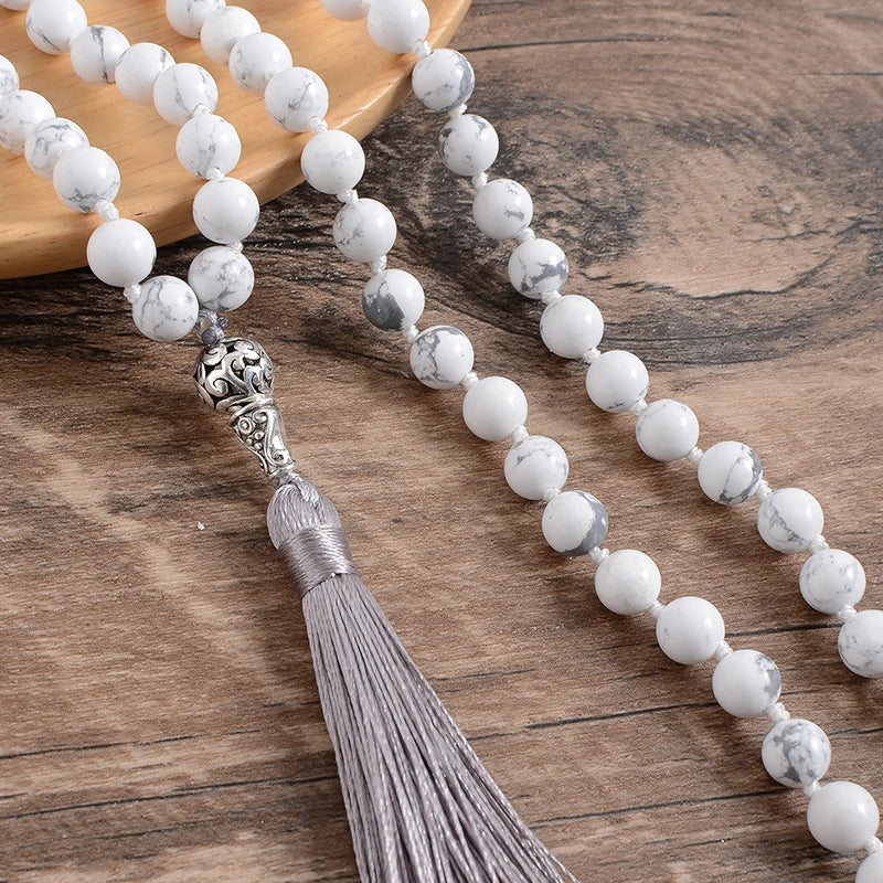 Howlite Mala Beads 108 Tibetan Prayer Necklace - Calming White Stone Meditation | Buddhive