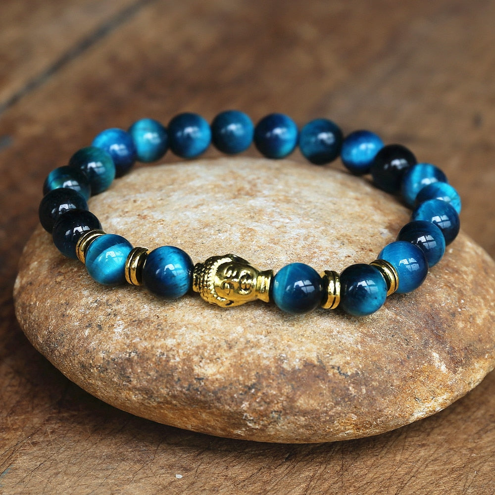 Blue Tiger Eye Buddha Bracelet - 8mm Natural Stone Beads - Silver & Gold Options | Buddhive