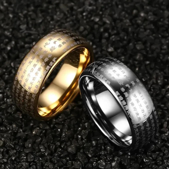 Gold Buddhist Ring Tungsten - 8mm Spiritual Wedding Band for Men & Women | Buddhive