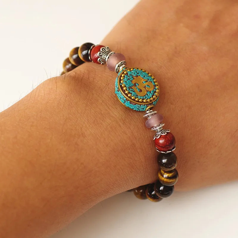 Tibetan Om Bracelet with Tiger Eye Stone - Buddhist Prayer Jewelry for Protection | Buddhive