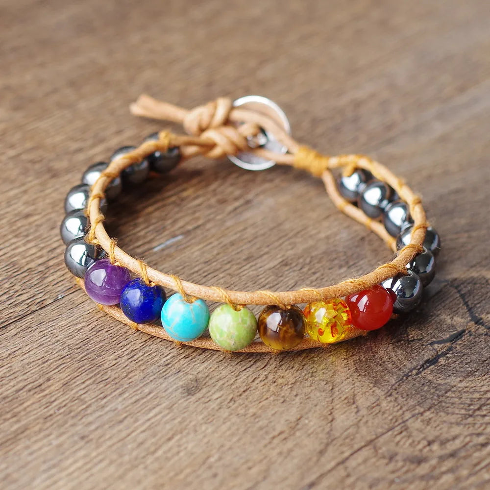 7 Chakra Bracelet Hematite Leather - Adjustable Energy Healing Wrist Mala | Buddhive