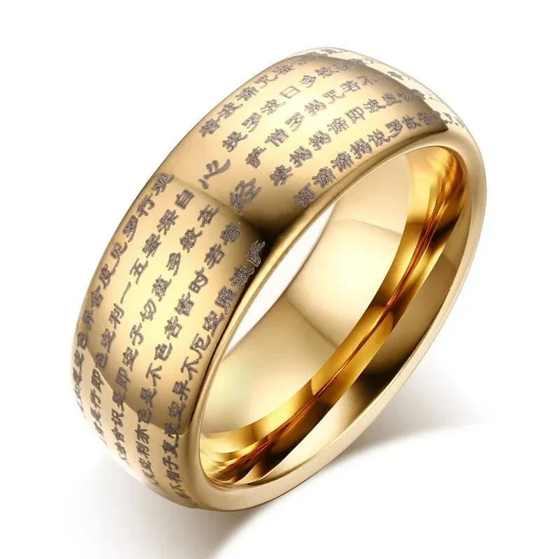 Gold Buddhist Ring Tungsten - 8mm Spiritual Wedding Band for Men & Women | Buddhive