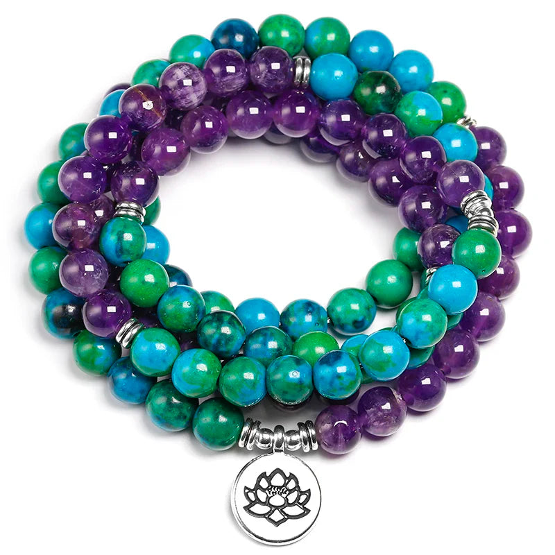Mala Necklace Chrysocolla Amethyst 108 Beads - Tibetan Prayer Beads for Meditation | Buddhive