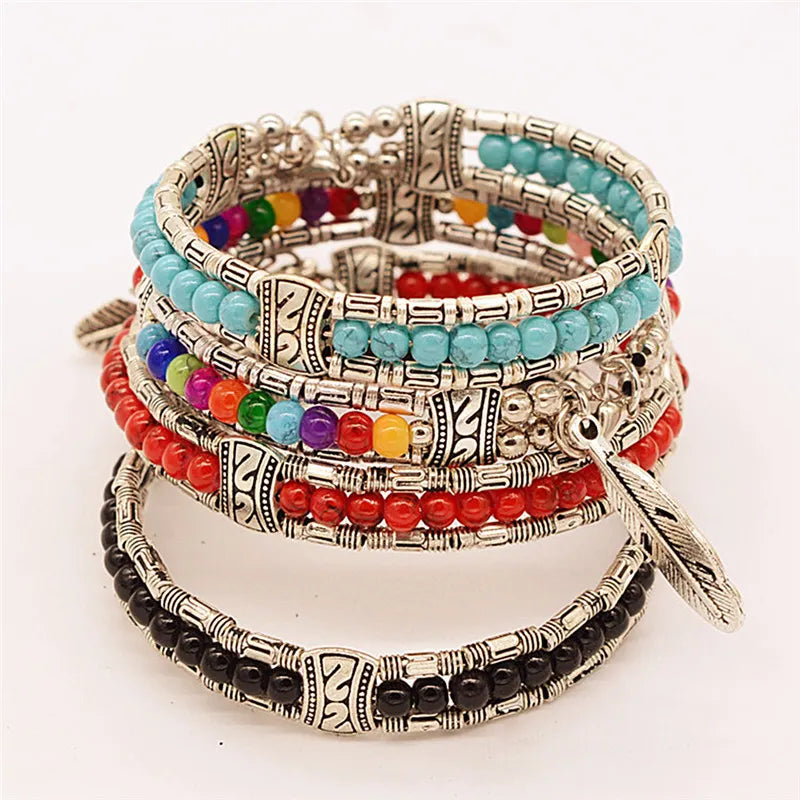 Tibetan Vintage Bracelet Women's Metal Feather Charm Buddhist Prayer Beads | Buddhive