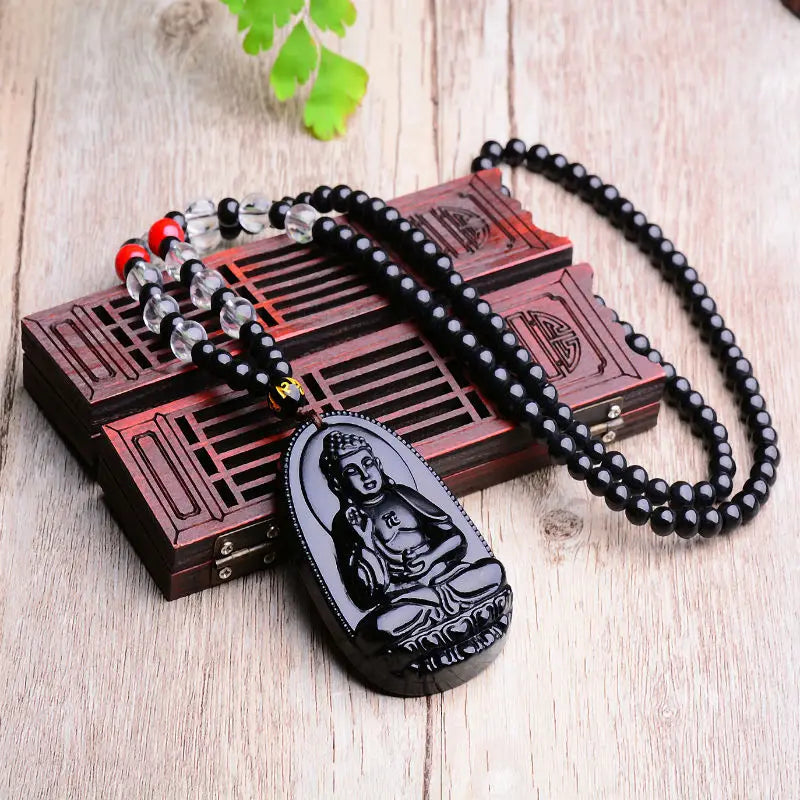 Obsidian Buddha Pendant Necklace - Natural Black Stone Buddhist Jewelry | Buddhive