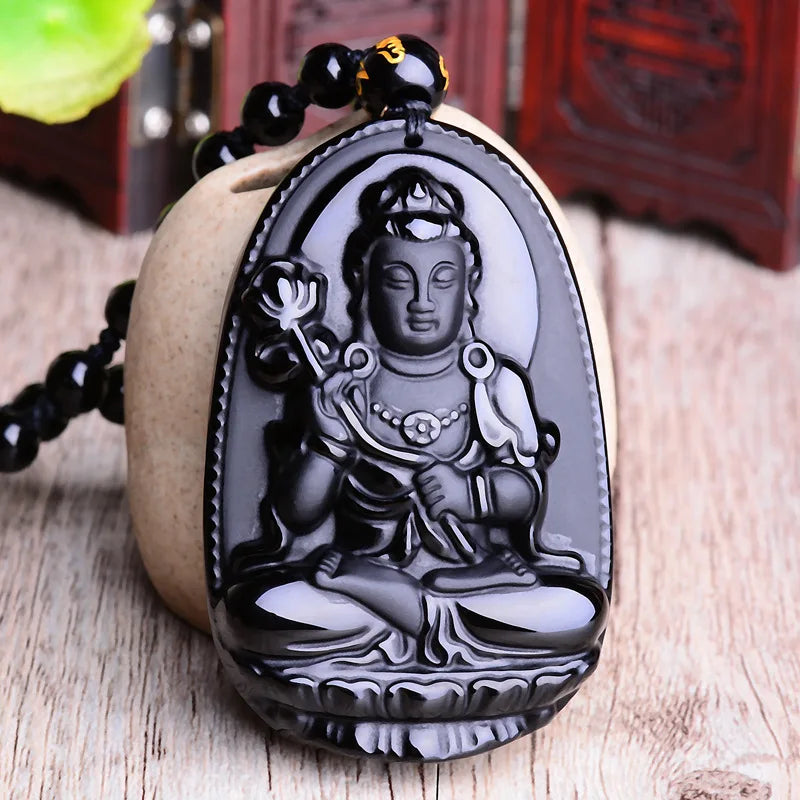 Obsidian Buddha Pendant Necklace - Natural Black Stone Buddhist Jewelry | Buddhive