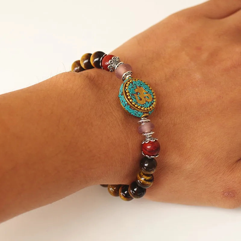 Tibetan Om Bracelet with Tiger Eye Stone - Buddhist Prayer Jewelry for Protection | Buddhive