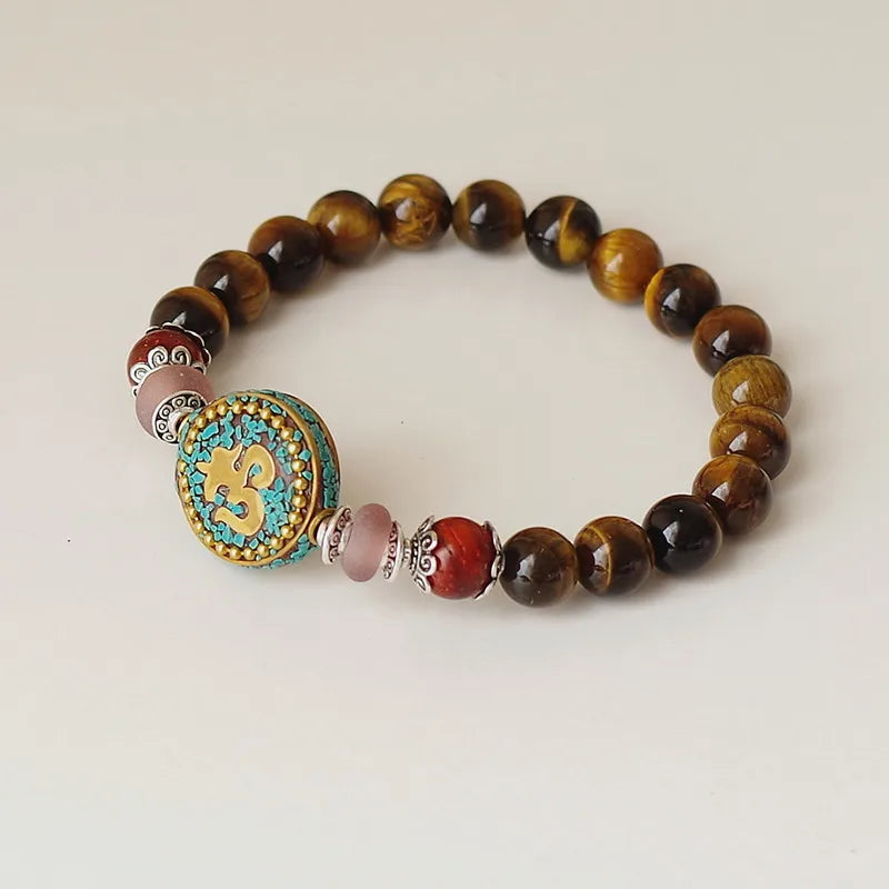 Tibetan Om Bracelet with Tiger Eye Stone - Buddhist Prayer Jewelry for Protection | Buddhive